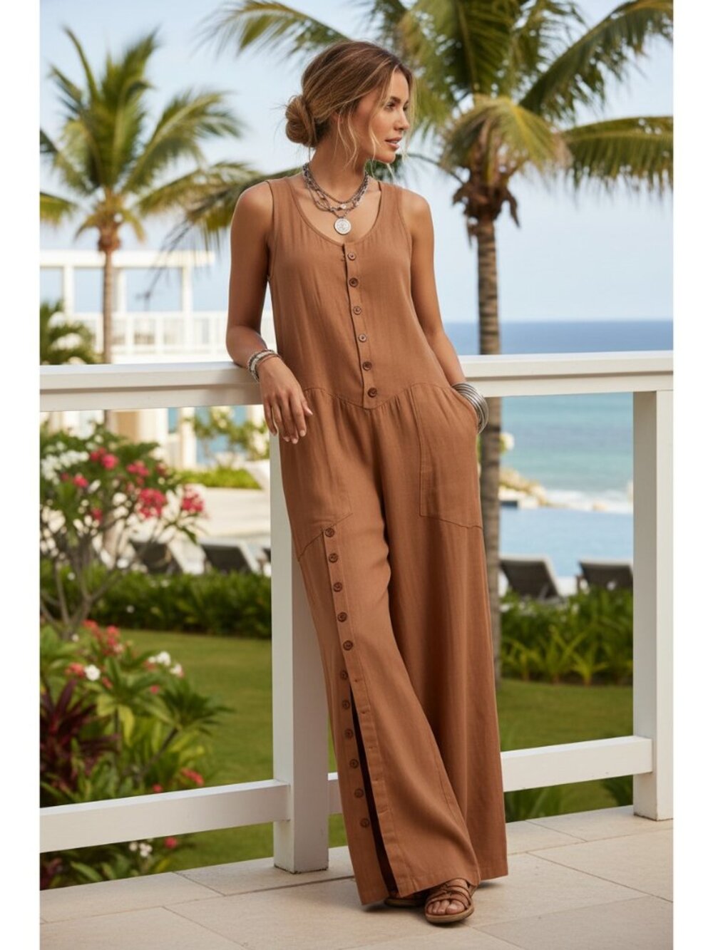 Baggy Button Up Patch Pocket Scoop Neck One-Piece Split Wide Leg Pant Jumpsuit